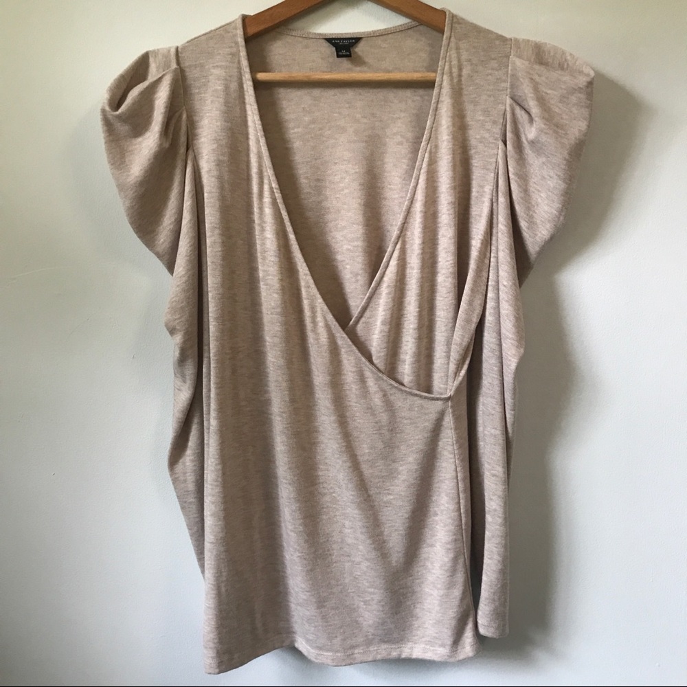 Ann Taylor Puff Pleat Sleeve Cream Wrap Top, M